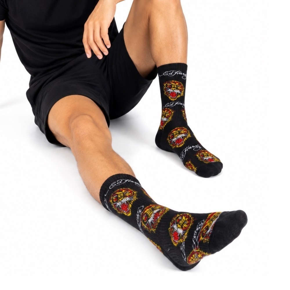 Ed Hardy‎ 2Pk Crew Socks Tiger Skull Love Kills Slowly Grey Black Goth 107-02